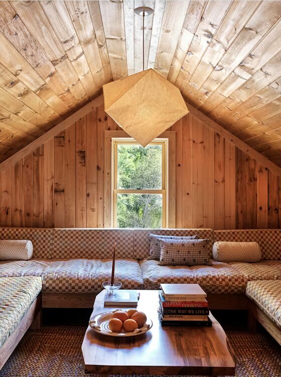 Living space with couches and wooden walls at Little Cat Lodge in Hillsdale NY.