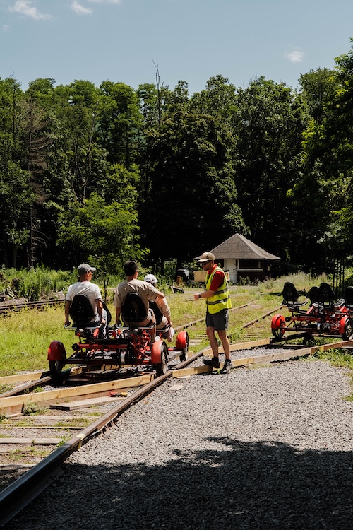 couple on railbike Rail Explorers Catskills Division