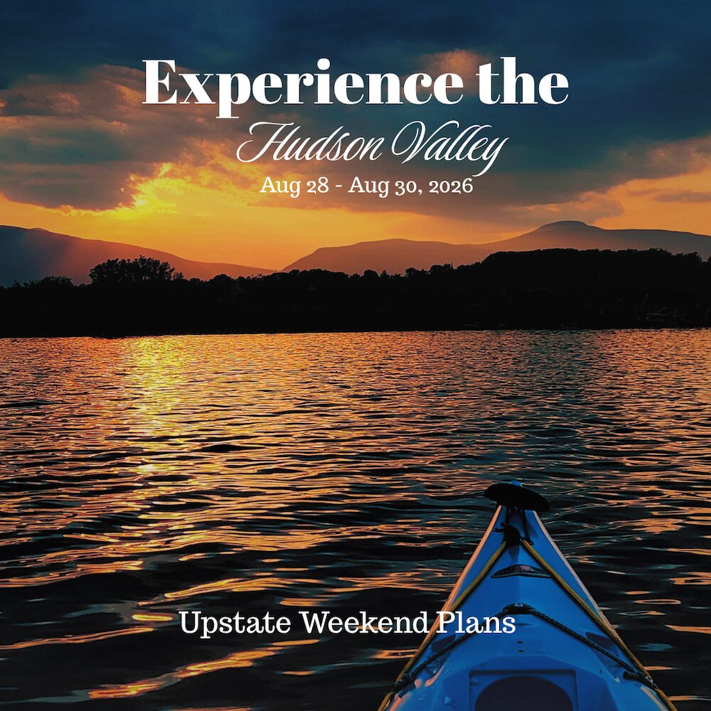 An I Paddle NY kayak floating into the sunset of the Ctskill Mountains with the "Experience the Hudson Valley" and "Upstate Weekend Plans" text written across the photo.