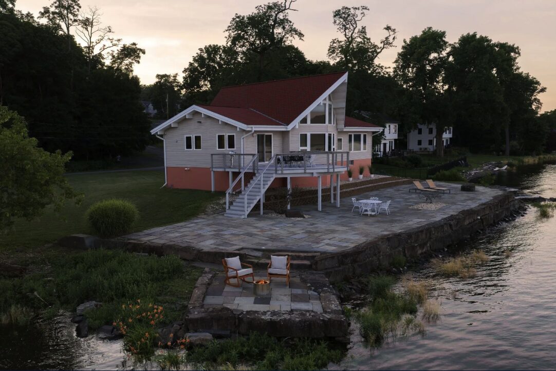 Corner aerial view of the house at 63 River Road, Malden NY.