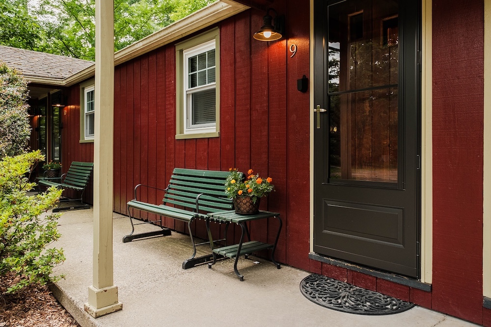 Entrances to multiple cabins at Phoenicia Lodge in the Catskills.