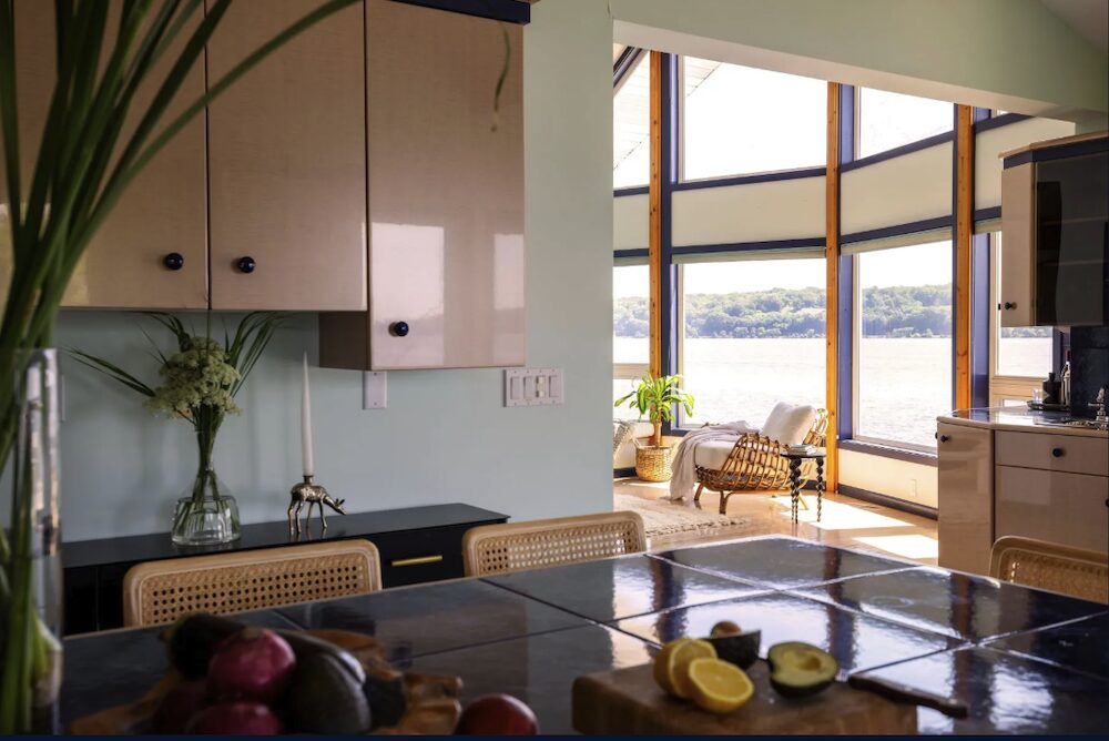 Kitchen counter and view of windows and River at 63 River Road, Malden NY.