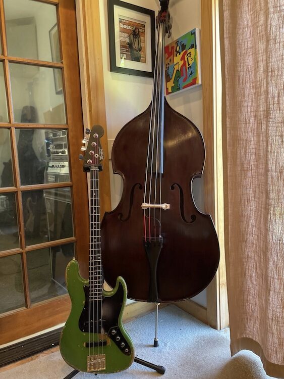 Darryl Jenifer's electric bass and his stand up bass.