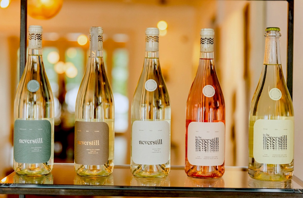 Multiple bottles of different wines at Neverstill Wines in Hudson NY.