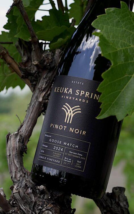 Pinot Noir bottle in the grape vines from Keuka Spring Vineyards in Penn Yan NY.