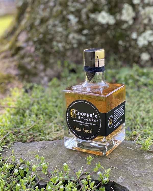 Thai Basil spirit on a stump in the woods by a tree at Cooper's Daughter Spirits in Claverack, NY.