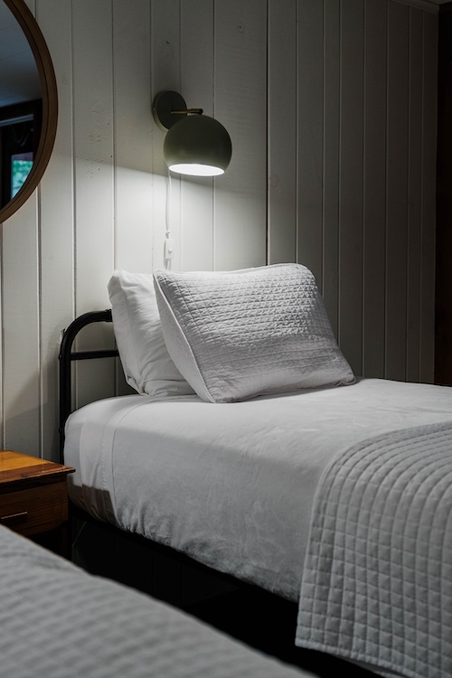 twin bed at Phoenicia Lodge in the Catskills.
