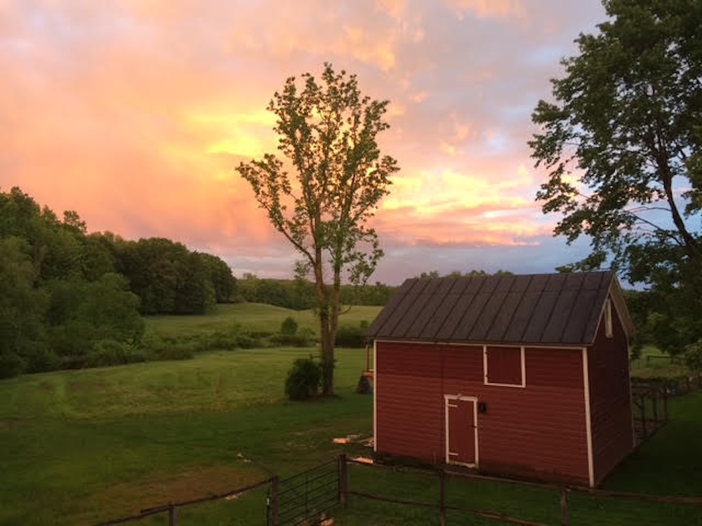 beautiful red barn at sunset green fields